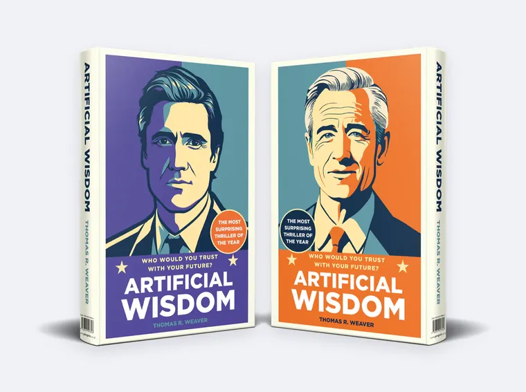 Two copies of the Artificial Wisdom UK hardback standing side by side, one with the purple cover and one with the orange cover.