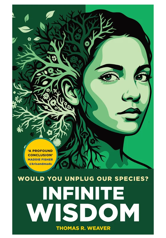 The back face of the same jacket: the same woman in green, the left side of her hair growing into a tree of roots, branches and flowers, above the line ‘Would you unplug our species?’