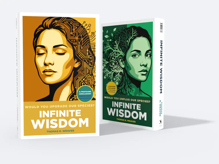 Two copies of the Infinite Wisdom limited-edition hardback standing side by side, one turned to the gold Upgrade face and one to the green Unplug face of the same jacket.