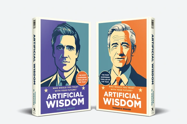 Two copies of the Artificial Wisdom UK hardback standing side by side, one with the purple cover and one with the orange cover.