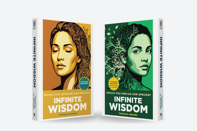 Two copies of the Infinite Wisdom limited-edition hardback standing side by side, one turned to the gold Upgrade face and one to the green Unplug face of the same jacket.