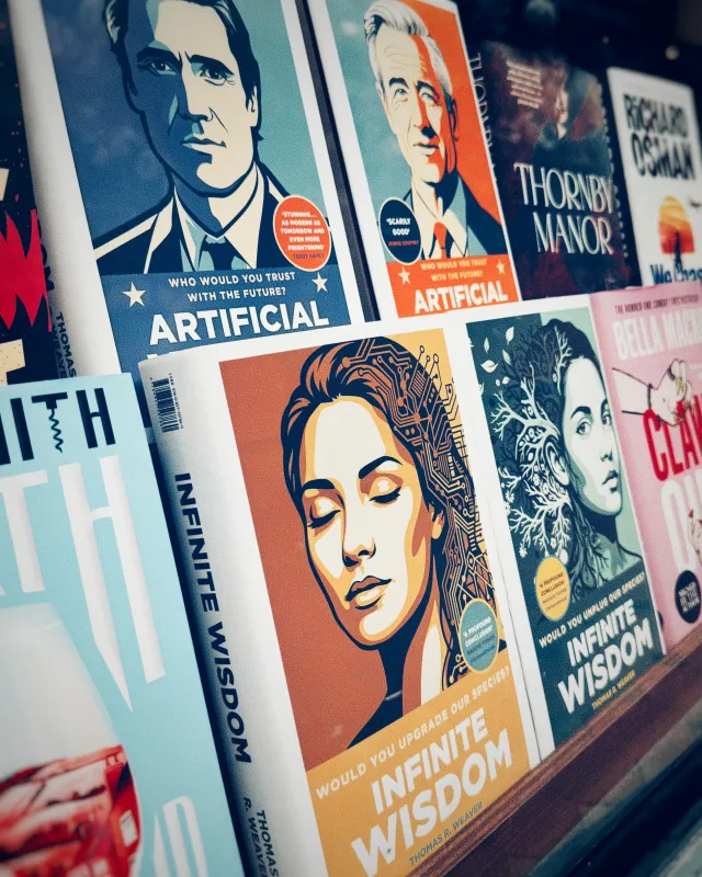 A bookshop window. Two copies of Infinite Wisdom stand side by side, one turned to the gold Upgrade face of the jacket and one to the green Unplug face, below two copies of the Artificial Wisdom hardback.