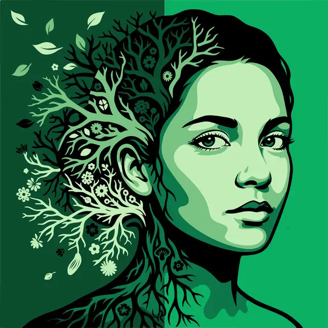 The Unplug artwork: the same woman in green, her hair growing into a tree of roots, branches and flowers.