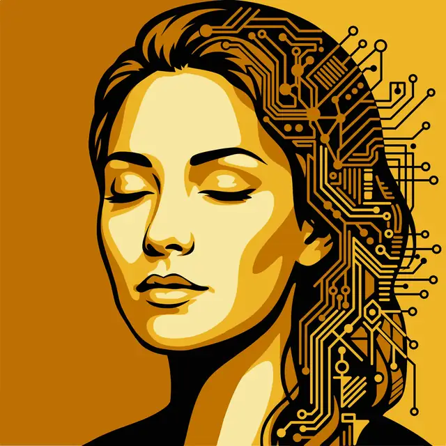 The Upgrade artwork: a woman in gold, her hair resolving into circuit traces.